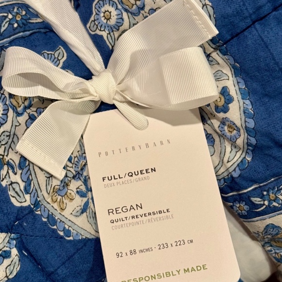 NWT Pottery Barn Regan Blockprint Blue Reversible Full/Queen Quilt AND 2 Shams - Picture 6 of 11